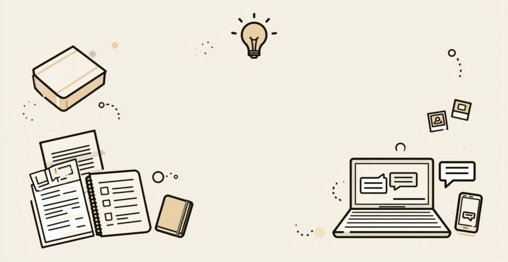 商い発見シートとChatGPTとLINE公式を使って小さな商いを準備するイメージ